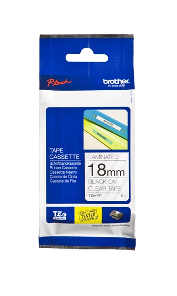 סרט למכשיר Ptouch ברוחב 18mm הדפסה בשחור על רקע שקוף TZe-141