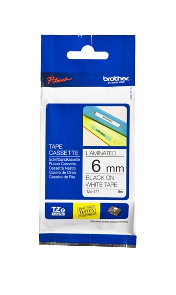סרט למכשיר Ptouch ברוחב 6mm הדפסה בשחור על רקע לבן TZe-211