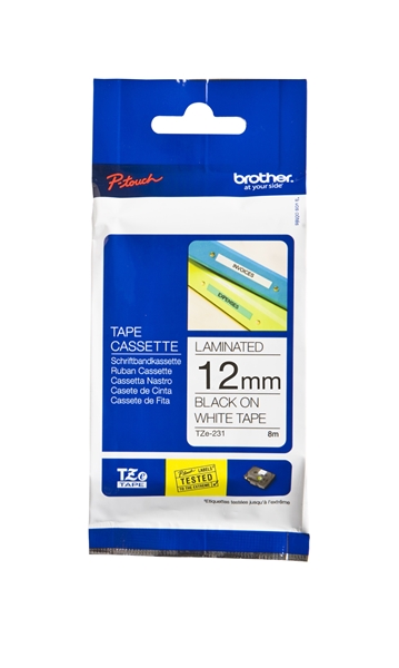 סרט למכשיר Ptouch ברוחב 12mm הדפסה בשחור על רקע לבן TZe-231
