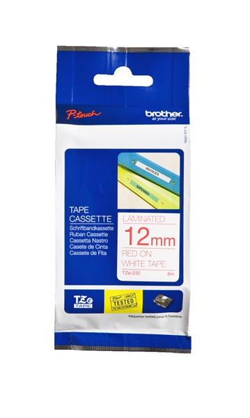 סרט למכשיר Ptouch ברוחב 12mm הדפסה באדום על רקע לבן TZe-232