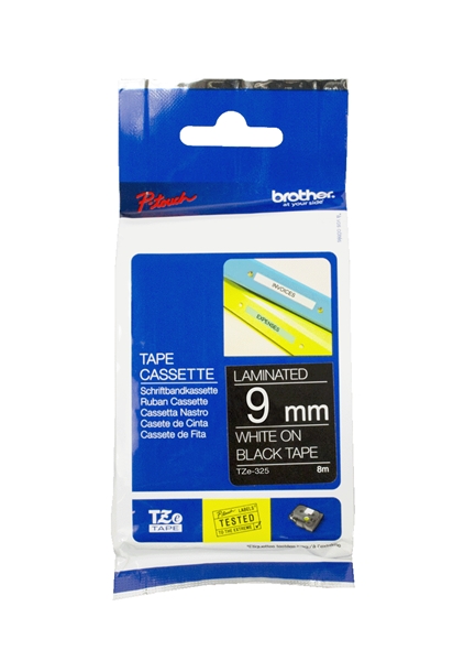 סרט למכשיר Ptouch ברוחב 9mm הדפסה בלבן על רקע שחור TZe-325