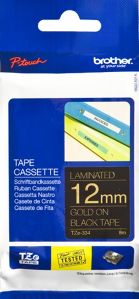 סרט למכשיר Ptouch ברוחב 12mm הדפסה בזהב על רקע שחור TZe-334