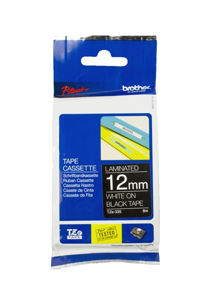 סרט למכשיר Ptouch ברוחב 12mm הדפסה בלבן על רקע שחור TZe-335