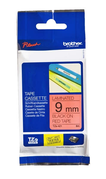 סרט למכשיר Ptouch ברוחב 9mm הדפסה בשחור על רקע אדום TZe-421