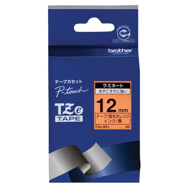 סרט למכשיר Ptouch ברוחב 12mm הדפסה בשחור על רקע כתום פלורוסנטי TZe-B31